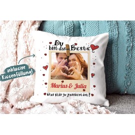 Cushion with Filling with Saying "Du bist das Beste (Du bist das Beste - zum SelbstGestalten [German Language] with Desired Photo and Two Names, Beige Back, 40 x 40 cm