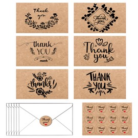 12 Packs Thank You Cards with Envelopes and Thank you Stickers Multipack of Watercolor Thank You Greeting Cards for Wedding, Graduation, Teacher, Family, Birthday, Baby Shower (Kraft Paper)