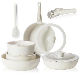 12 Pcs Pots and Pans Set, Nonstick Kitchen Cookware Sets Detachable Handle, Induction Healthy Non Stick RV Cookware, Dishwasher ＆ Oven Safe, Beige