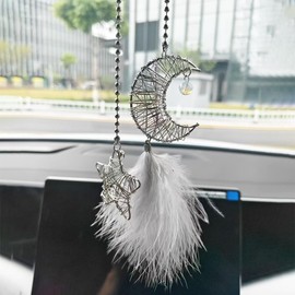 DUSCOKE Iron Star and Moon Charms Car Rear View Mirror Accessories, Dangling Feather Ornament Car Rear View Mirror Charm, Vehicle Mirrors Hanging Pendant Auto Interior Decoration for Men Women (Grey)