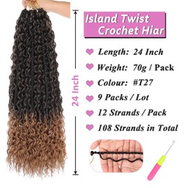 Samtress 9 Packs Boho Senegalese Twist Crochet Hair with Curly Ends 24 Inch Boho Island Twist Crochet Braids for Women Pre-Looped Ombre Blonde Goddess Twist Crochet Braids Hair Extensions (#T27)