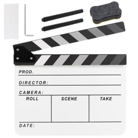 Ribvane Film Directors Clapboard, Move Slate Photography Video TV Cut Action Scene Acrylic Clapper Board Props with a Magnetic Blackboard Eraser, Two Custom Pens, Cleaning Cloth and Hex Wrench (White)