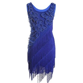 PrettyGuide Women's 1920s Beaded Fringe Scalloped Petal Hem Origami Flapper Dress L Blue