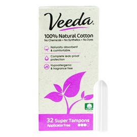 Veeda 100% Natural Cotton Applicator Free Tampons Super Absorbent Comfort Digital Super Tampons Chlorine Toxin and Pesticide free, 32 Count