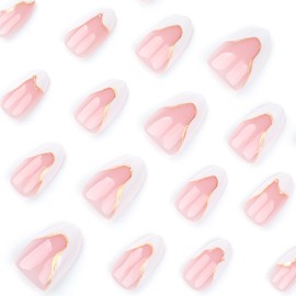 LRKNNO Almond Press on Nails Medium White French Tip Nails Press ons with Gold Lines Design Nude Pink Fake Nails Glossy Artificial Acrylic Nails Almond Nails Tips Full Cover Glue on Nails 24Pcs