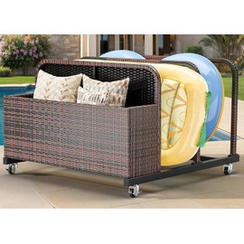 GOOBED Pool Storage, Wicker Pool Float Holder with Lockable wheels,Pool Organizer for cushions, Floaties, Noodles, Life Vests, Beach Balls, Toys, Patio Furniture (Brown)