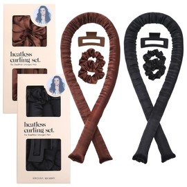 YFBXIZHOU 2PCS Heatless Curling Rod Headband No Heat Silk Ribbon Bendable Hair Roller Curls with Claw Clip Lazy Natural Soft Wave DIY Styling Tool for Sleep in Overnight Women Girls (Brown&Black)
