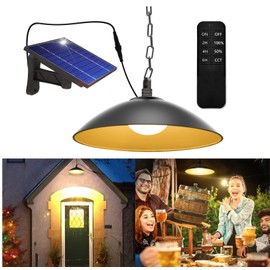 MOON-DE-AGE Outdoor Solar Pendant Lights, Solar Shed Light, 250LM Metal Hanging Barn Gazebo Chandelier Lamp with Remote Control, Dusk to Dawn, 3 Color Tones 2 Brightness Modes, 8 inch - SL0301BLK