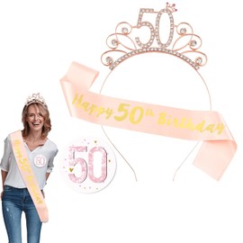 Birthday Sash Rose Gold 50th Birthday Crown Elegent Birthday Tiara with Birthday Badge for Women 50 Birthday Party