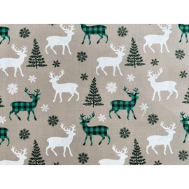 Christmas Fabric Green & Cream Reindeer Design - Beige Background 100% Cotton 53" Wide