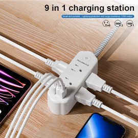 5ft Power Strip-Power Plug Outlet,Wall Plug with 6 Outlets 2 USB Port 1 Type Port with Flat Braided Extension Cord for Home Travel & Office
