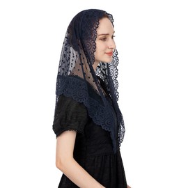 Wgior Velos de capilla de encaje de inspiración clásico estilo triangular, bufanda para cubrir la cabeza, velos de Mantilla para iglesia, Azul marino, L