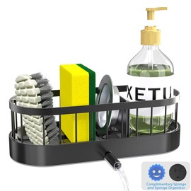 noxetu Sponge Holder for Kitchen Sink, Stainless Stee Sink Caddy with short Brush Holder, Self-Draining Sponge Caddy, Soap Dispenser Storage, Kitchen Accessories for Organization (Black, S)