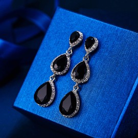 EleQueen Women's Silver-tone Austrian Crystal Tear Drop Pear Shape Long Earrings Black