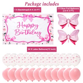 5.9 X 3.6 FT Pink Bow Happy Birthday Banner Backdrop with Bow Balloons for Pink Coquette Bow Birthday Party Decorations, Girl Princess Baby Shower Supplies (Rose Bow)