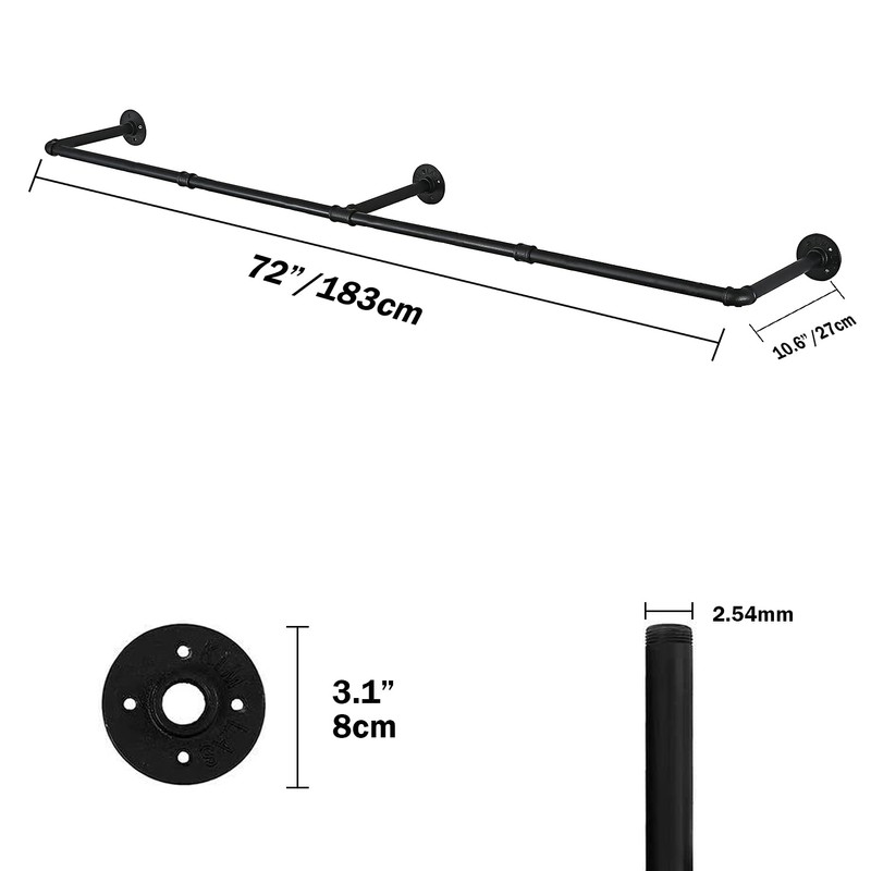 72inch Industrial Pipe Clothes Rack Wall Mount For Hanging Rod