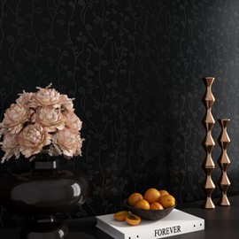 LaCheery 160"x24" Matte Black Peel and Stick Wallpaper Modern Floral Contact Paper Black Silk Wallpaper Embossed Self Adhesive Peel and Stick Wall Paper for Bathroom Waterproof Bedroom Wall Backsplash