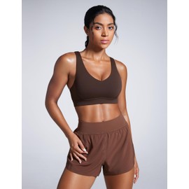 CRZ YOGA Womens Butterbreeze Criss Cross Back Sports Bras - V Neck Adjustable Straps Padded Bra Wireless Workout Training Bra Hot Fudge Brown Small
