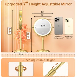 Gospire Lighted Makeup Mirror with Magnification 10X, Height Adjustable & 3 Color Dimmable Lights 7" Cosmetic Mirror, 360° Swivel Double Sided Rechargeable LED Vanity Mirror Cordless Standing Mirror