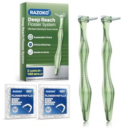 RAZOKO Deep Reach Dental Flosser System - 160 cabezales de recambio + 2 mangos largos reutilizables, libre de PFAS y resistente a las roturas para zon