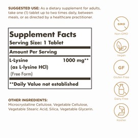 Solgar L-Lysine 1000 mg - 250 Tablets - Skin & Tissue Support - Non-GMO, Vegan, Kosher, Gluten Free - 250 Servings