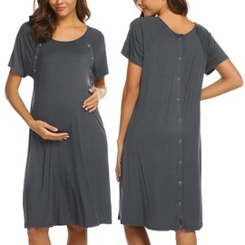 Ekouaer Womens, Maternity Nightgown Nightshirt, Robe 3 in 1 Labor Delivery Nursing Gown Button Down Soft Cotton Hospital Breastfeeding Night Dress, Gray, X-Large