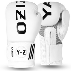 Yazizo Boxing Gloves Sparring and Muay Thai Matte Faux Leather, Curved Mitts Hook & Jab Target Hand Set Boxing Pads for Punching Heavy Bags Fighting Sparring Kickboxing Gloves (12oz, White/Black)