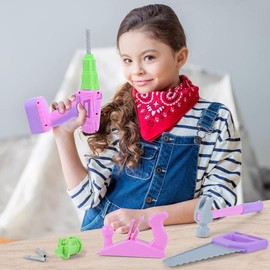 EP EXERCISE N PLAY Kids Tool Set with Electric Toy Drill & Pink Tool Box – Power Construction Pretend Play Kit for Girls & Boys Ages 3+