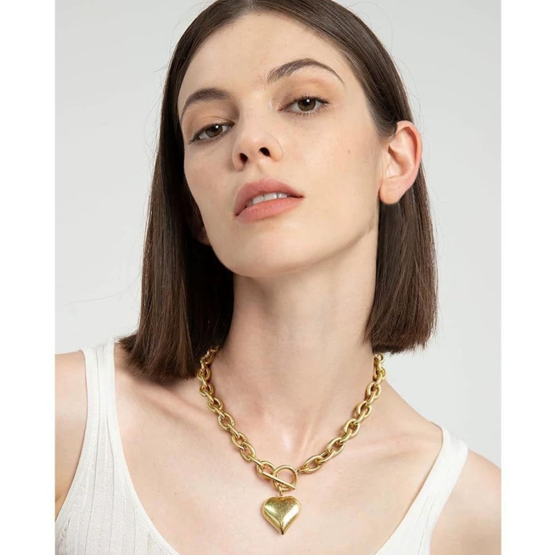 immerFancy Chunky Gold Puffy Heart Charm Layered Toggle Necklace for