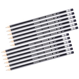 Nataraj Writing Pencils, Platinum, BLACK Bonded Lead, Pack of 24, 2B Wood Rubber Eraser Tip Dark Pencils, Sharpener, School Home Children Kids