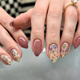 Pink Press on Nails Almond Shaped Nails, Floral Short Fake Nails Flower Acrylic Nails Press ons Glue on Nail Medium Length False Nail with Design for Women Thick Natural Gel Stiletto 24Pcs