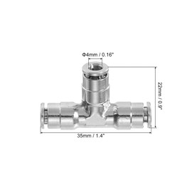 sourcing map 4mm OD Tee Push to Connect Tube Fittings Nickle-Plated Brass Quick Connect 3 Way Union Tee Air Line Fittings, Silver 2Pcs