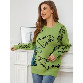 Gihuo Women Dinosaur Oversized Sweater Graphic Crewneck Knitted Pullover Casual Loose Fit Jumper Tops(Green-L)
