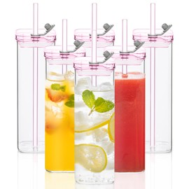 KEMORELA 6PCS Pink Square Drinking Glass Cups, 17 Oz Modern Glassware with Lids & Straws - Old Fashioned Cocktail Glasses for Juice, Iced Coffee, Bubble Tea, Party Drinkware