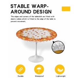 Fall Orange Pumpkin Round Fitted Tablecloth Autumn Harvest Maple Leaves Farmhouse Elastic Table Cloth Waterproof Oil Proof Thanksgiving Table Cover Fits 36"-44" Round Tables for Fall Kitchen Party