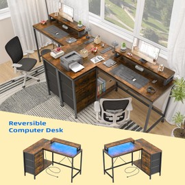 Patikuin L Shaped Desk with Power Outlets & LED Lights, Computer Desk with Drawers & Shelves, Corner Desk Gaming Desk Home Office Desk, Rustic Brown
