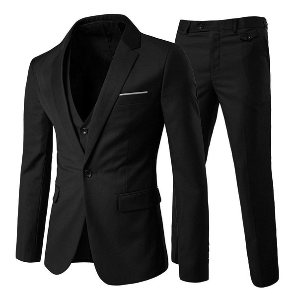 Mens Notch Lapel Modern Fit Suit Blazer Jacket Tux Vest and Trousers Set Three-Piece,Black,Medium