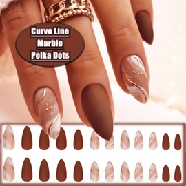 Brown Smudge Medium Almond Press on Nails with Curve Line Design, Matte Marble False Nails Gel Glue on Nails, Autumn Winter Solid Color Manicure Art Fake Nails Stick on Nails for Coquette Women Girls