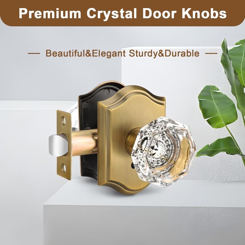 Gobrico Privacy Antique Brass Glass Door Knobs,Crystal Door Knobs with