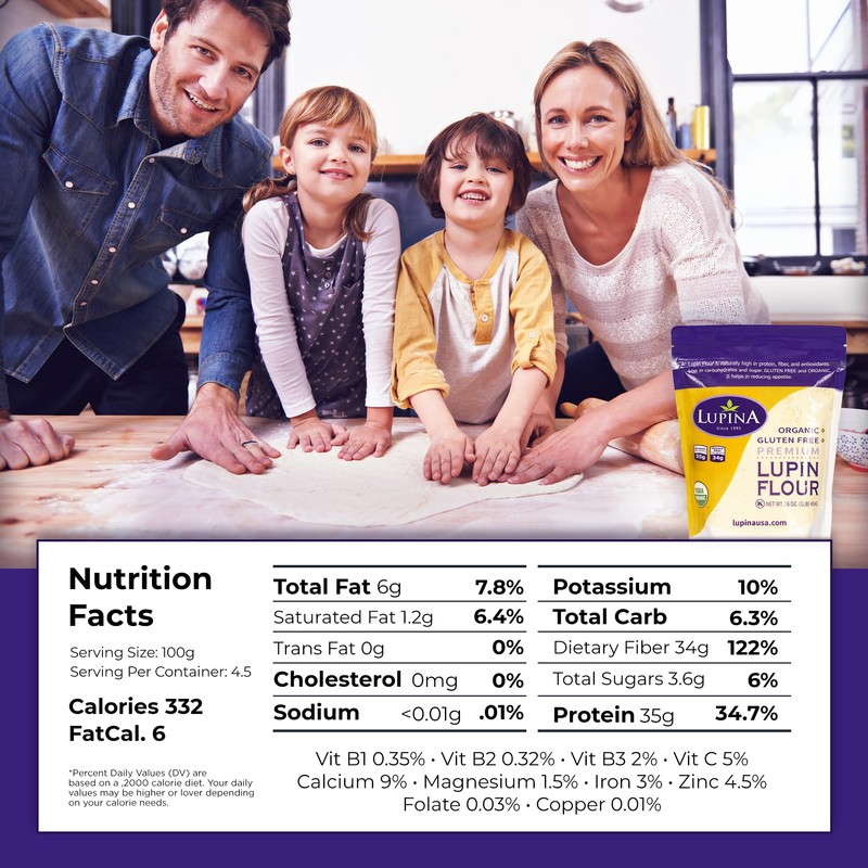 Lupina Organic Gluten-Free Lupin Flour – Pack 1–16 oz- High-Protein,