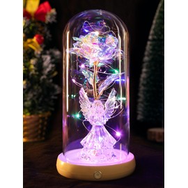 Valentine's Day Gifts for Women Angel Rose USB Rechargeable Light Up Flowers in Glass Dome,Preserved Flowers Gifts for Her Mom Grandma Angel Figurines for Christmas Anniversary Birthday Mothers Day