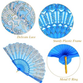 QIRMIZI 10 Pack Folding Handheld Fans,Silk Spanish Fan, Perfect for Weddings, Parties, and Dancing,Light Blue