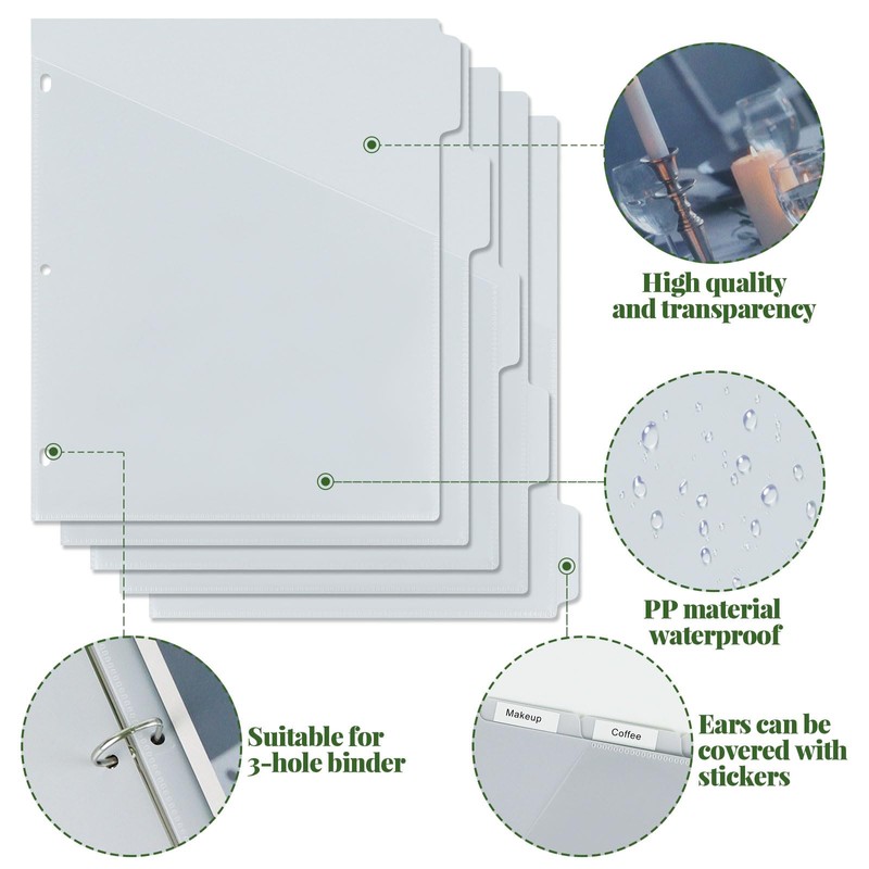 Koqye Binder Dividers with Pockets - 8 Plastic Dividers for
