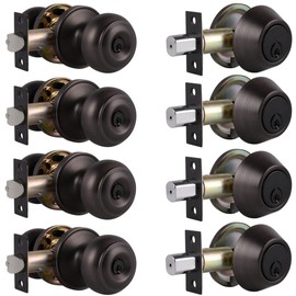 Probrico Door Knobs with Single Cylinder Deadbolts with Same Keys, Keyed Alike Entrance Door Knob Front Door Knob and Deadbolt Set, Oil Rubbed Bronze, 4 Pack