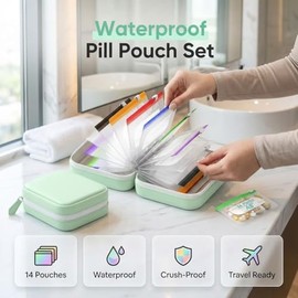 Juego de 14 bolsas impermeables para pastillas en el interior, carpeta organizadora de pastillas de viaje con bolsas con cierre de 14 días, sistema de