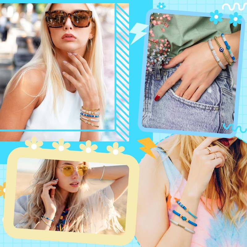 LieToi 14Pcs Preppy Heishi Bracelets Sky Blue and White Smile