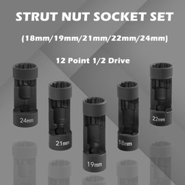 5PCS 12 Point 1/2" Drive Strut Nut Socket Set 18MM 19MM 21MM 22MM 24MM, Suspension Strut Nut Socket Tool Easy Remove Strut Nuts