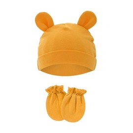 FATASH Baby Hat and Mittens Set (0-3 Months) for Newborn Boys & Girls, Breathable Soft Cotton No-Scratch Gloves & Lightweight Warm Bunny Ear Cap, Unisex Infant Daily Wear Winter Accessories - Mustard