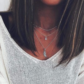 Yienate Boho Layered Angel Wing Pendant Choker Necklace Chain Delicate Rhinestone Pendant Statement Boho Charm Multilayer Necklace Jewellery for Women and Girls