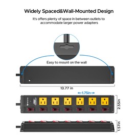 CRST CRST 6 Outlet Metal Heavy Duty Power Strip with Individual Switches, 6FT Wide Spaced Garage Power Strip, Mountable Power Strip Surge Protector (1200 Joules), 15amp/1875W, 14AWG SJT Power Cord